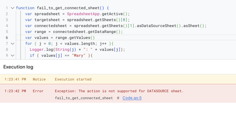 How to use Google Apps Script to get data from a connected data sheet ...