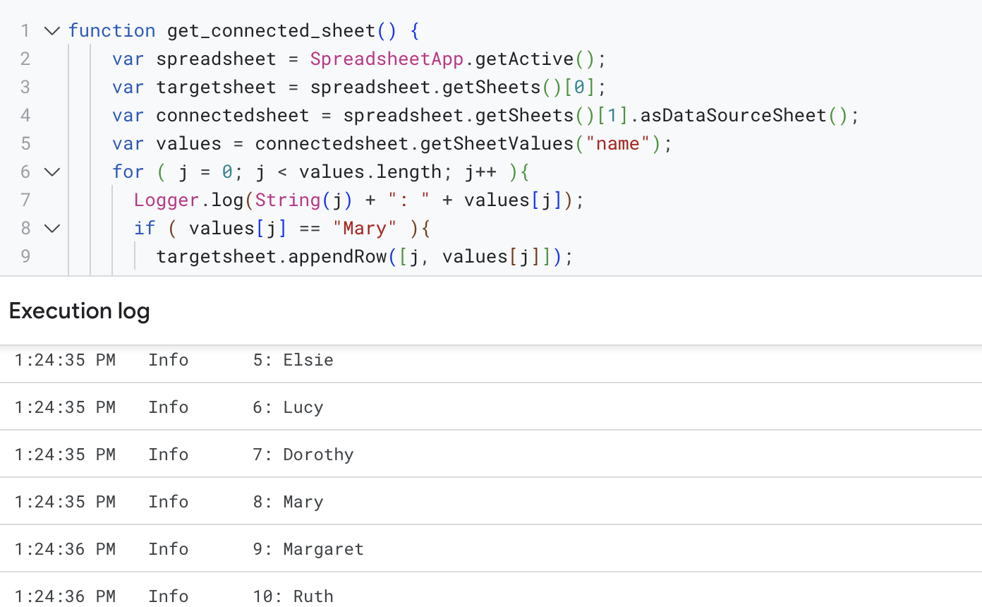 How to use Google Apps Script to get data from a connected data sheet ...